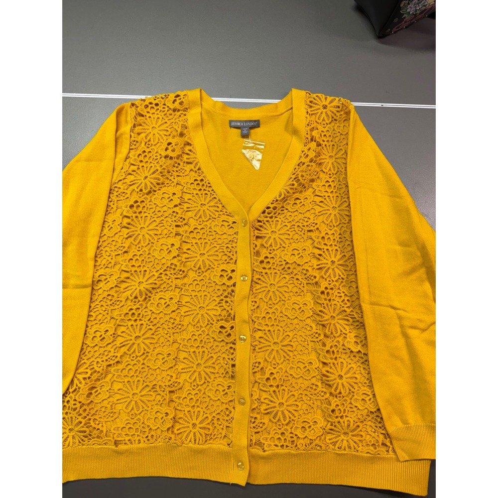 Jessica London Mustard Yellow Floral Crochet Lace Cardigan whimsy fairy cottage